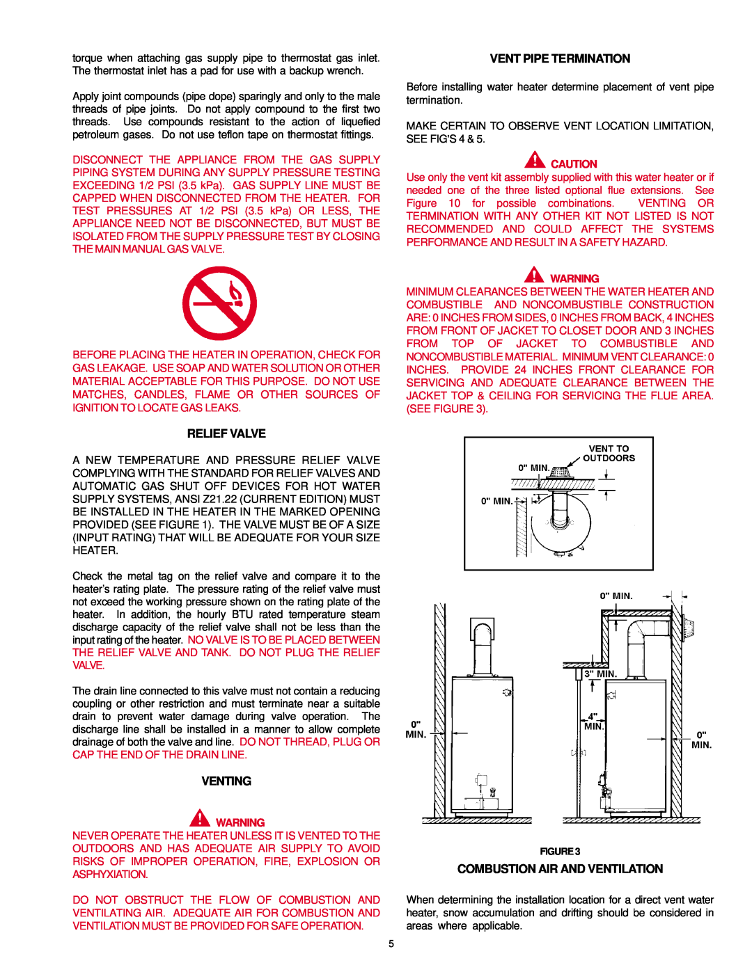 A.O. Smith SDV, FDVT owner manual Relief Valve, Venting, Vent Pipe Termination, Combustion Air And Ventilation 