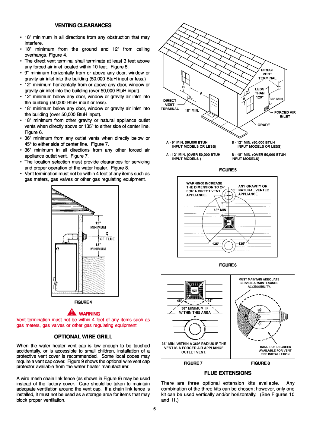 A.O. Smith FDVT, SDV owner manual Venting Clearances, Optional Wire Grill, Flue Extensions 