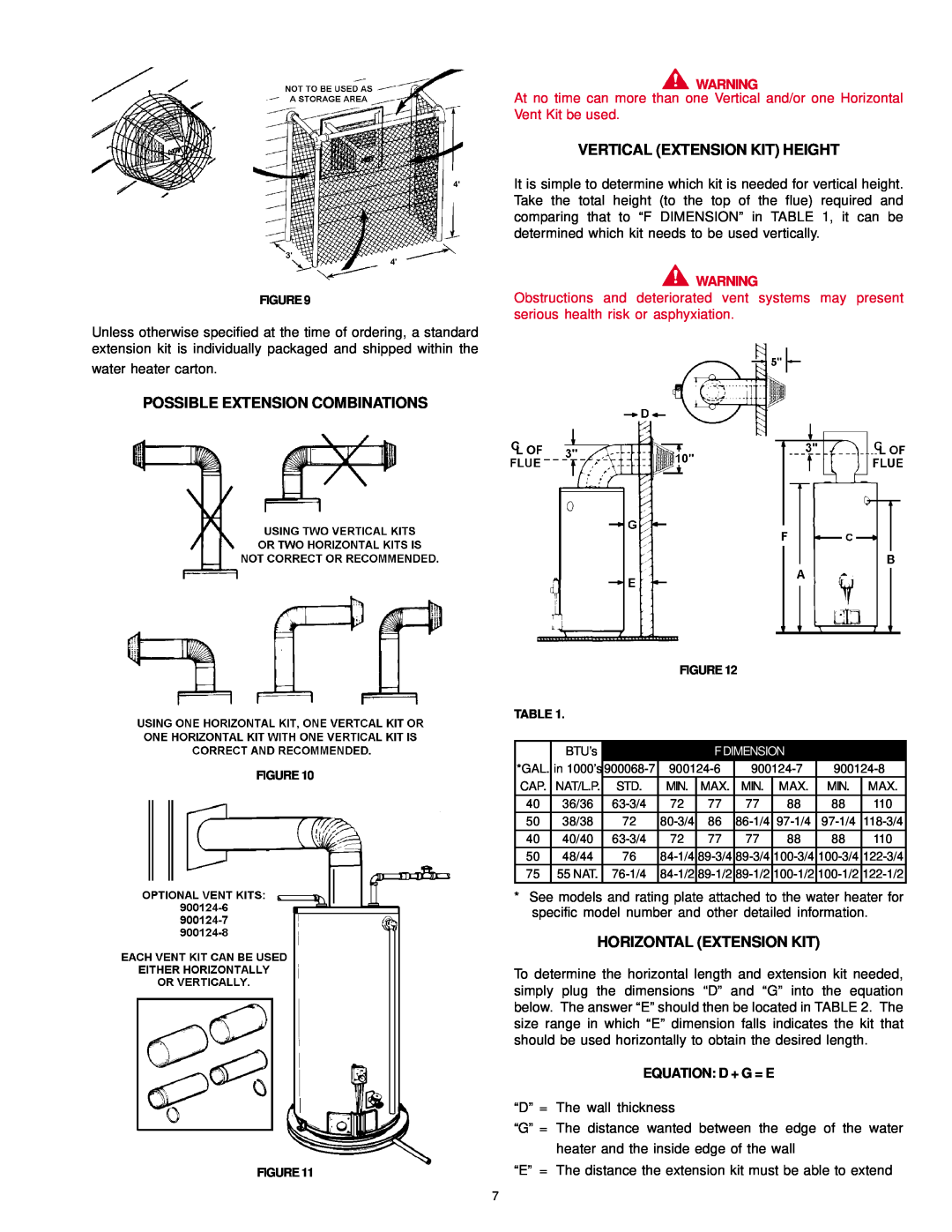 A.O. Smith FDVT, SDV owner manual Possible Extension Combinations, Vertical Extension Kit Height, Horizontal Extension Kit 