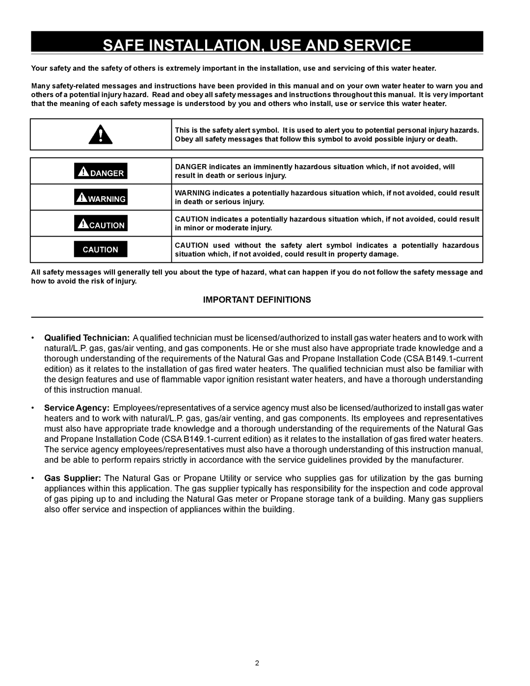 A.O. Smith FMD 30, FMD 40, FMD 50, 315795-000 MH instruction manual Safe INSTALLATION, USE and Service, Important Definitions 