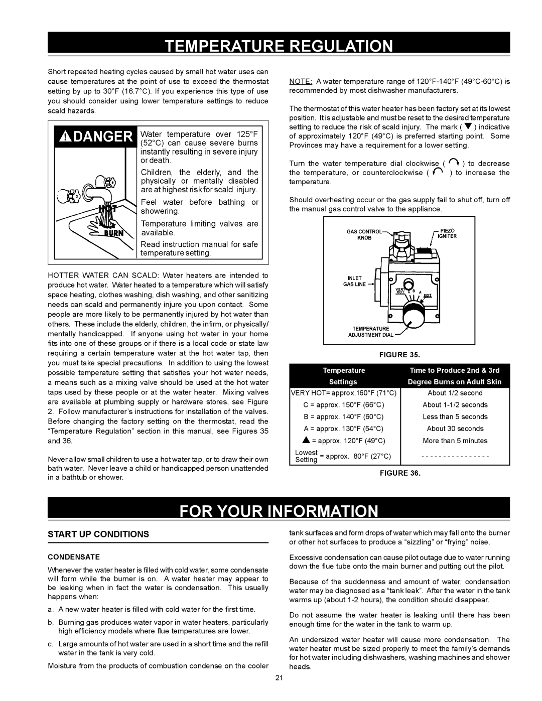 A.O. Smith FMD 50, FMD 40, FMD 30 Temperature Regulation, For Your Information, Start UP Conditions, Condensate 