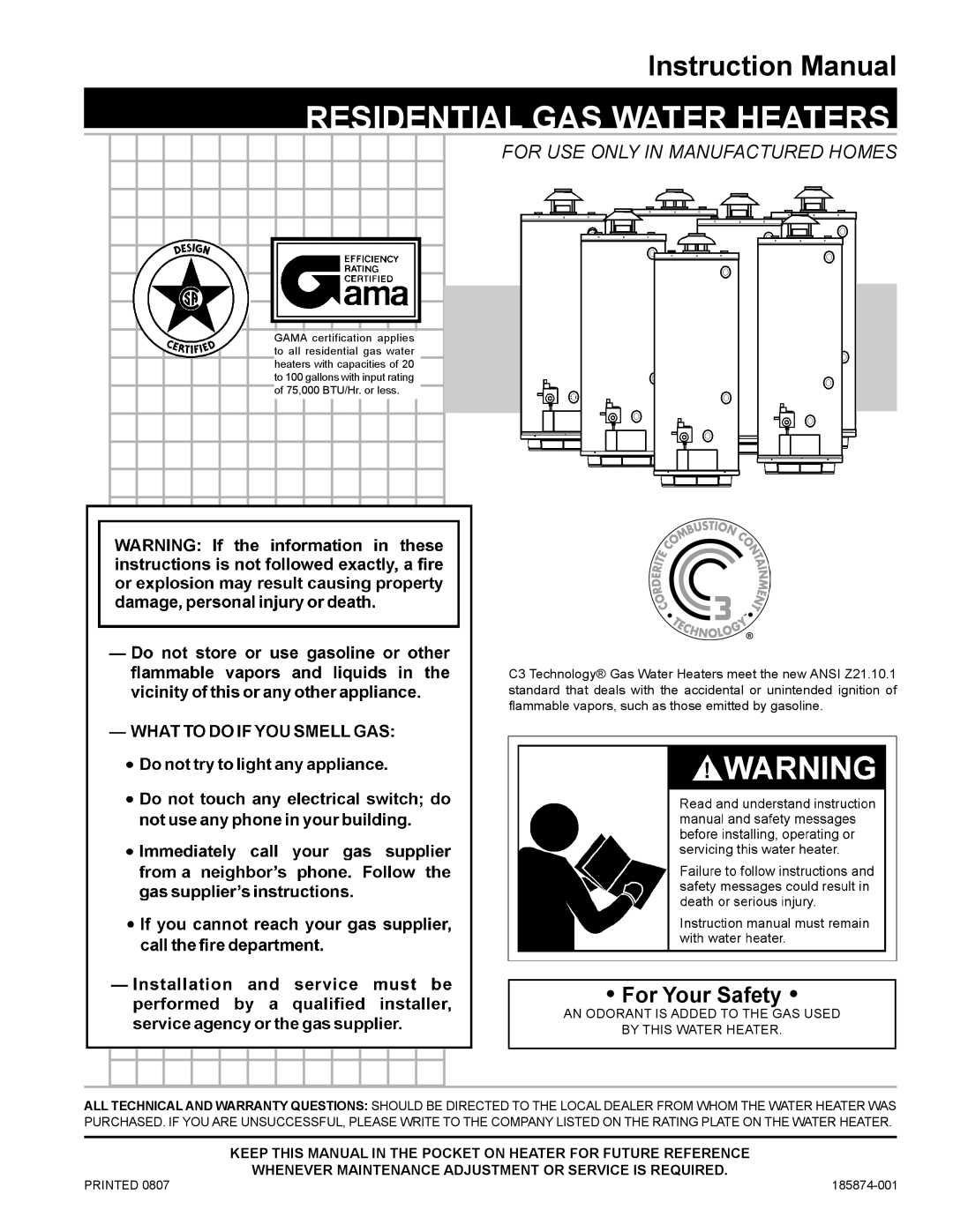 A.O. Smith FMV-30, FMV-40, FMV-50, 185874-001 instruction manual Residential GAS Water Heaters 