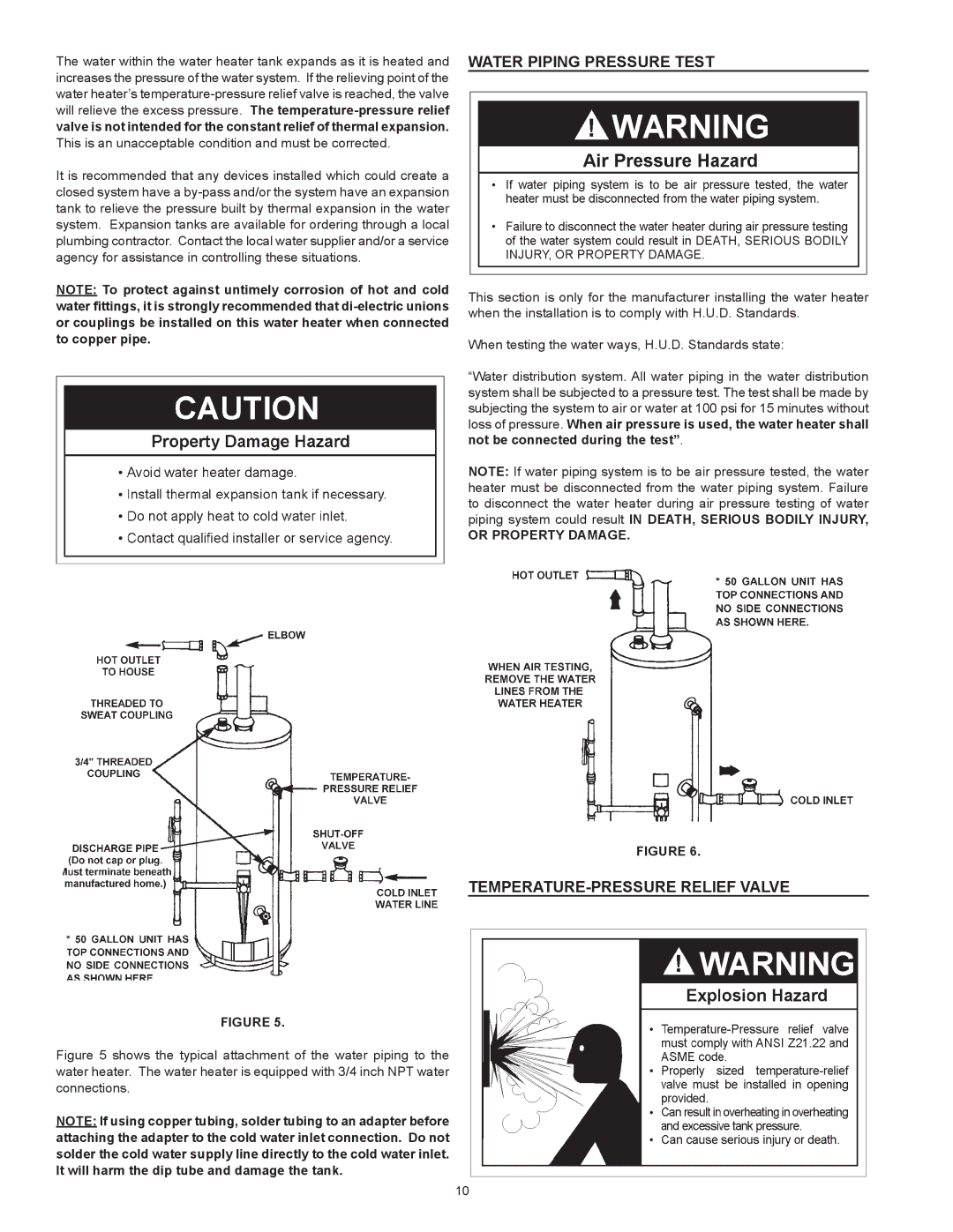 A.O. Smith FMV-50, FMV-40, FMV-30 Water Piping Pressure Test, Temperature-Pressure Relief Valve, Or Property Damage 