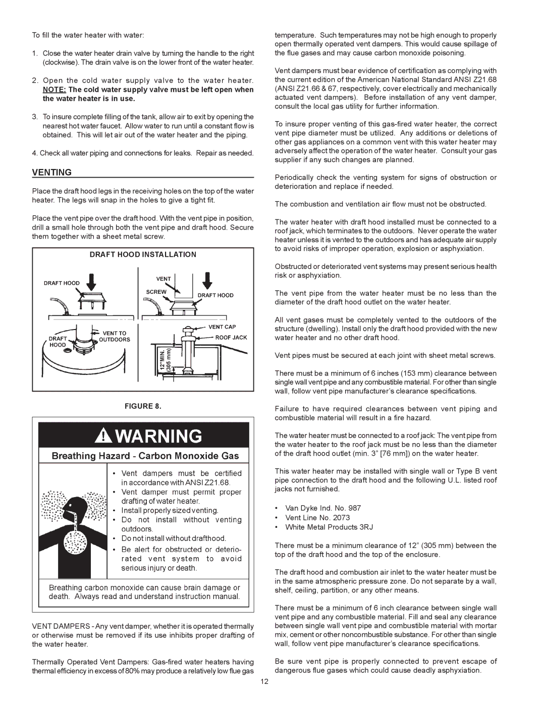 A.O. Smith FMV-40, FMV-30, FMV-50, 185874-001 instruction manual Venting, Draft Hood Installation 