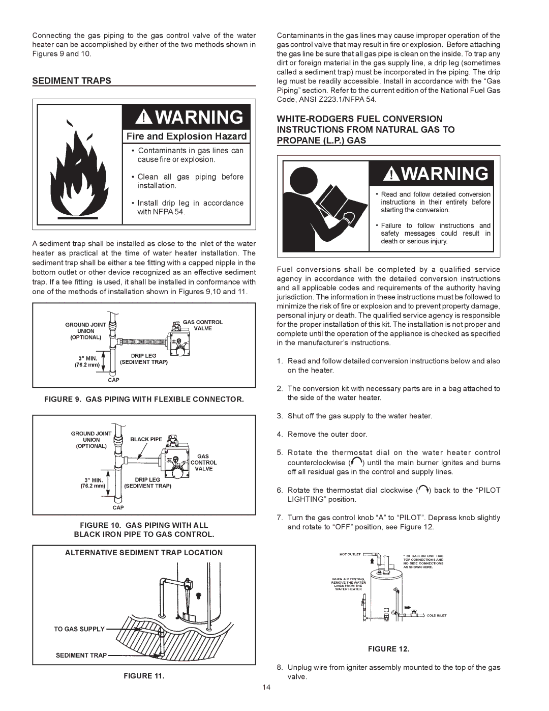 A.O. Smith FMV-50, FMV-40, FMV-30, 185874-001 instruction manual Sediment Traps, GAS Piping with Flexible Connector 