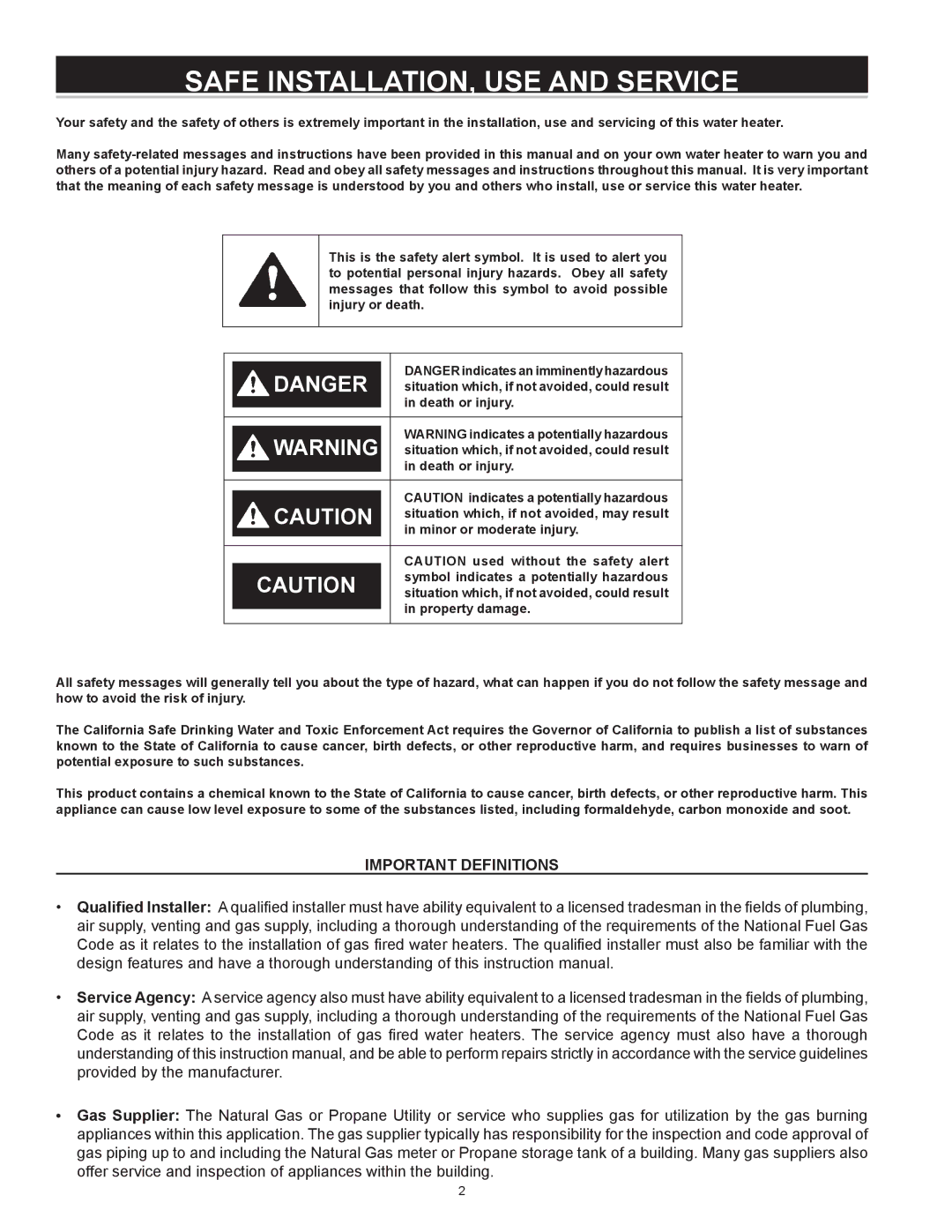 A.O. Smith FMV-50, FMV-40, FMV-30, 185874-001 instruction manual Safe INSTALLATION, USE and Service, Important Definitions 