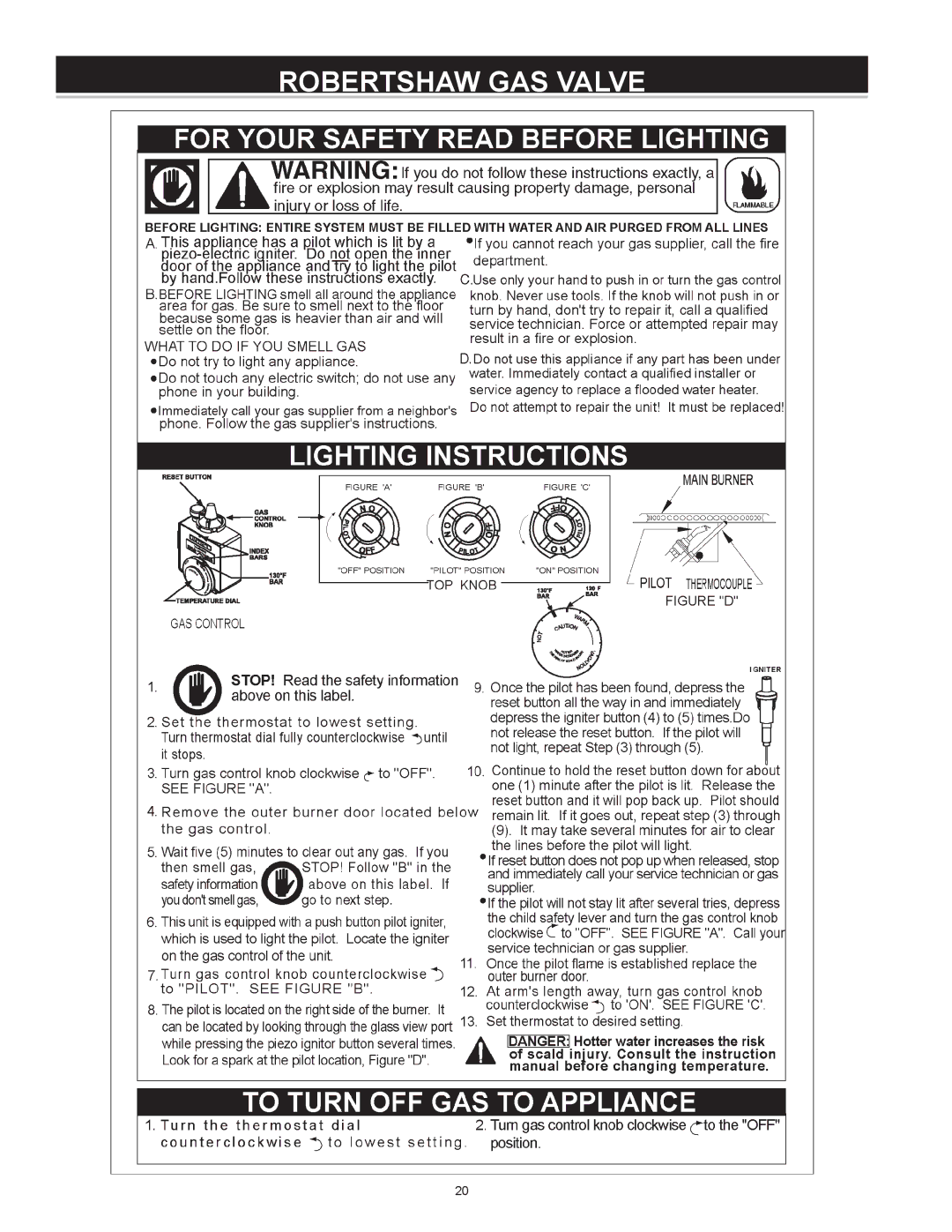 A.O. Smith FMV-40, FMV-30, FMV-50, 185874-001 instruction manual Robertshaw GAS Valve 