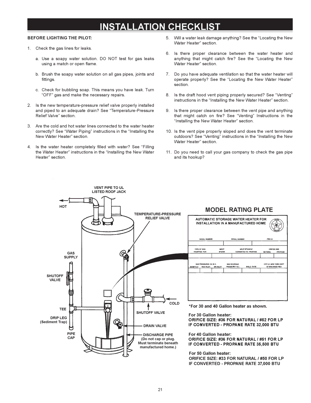 A.O. Smith FMV-30, FMV-40, FMV-50, 185874-001 instruction manual Installation Checklist, Before Lighting the Pilot 