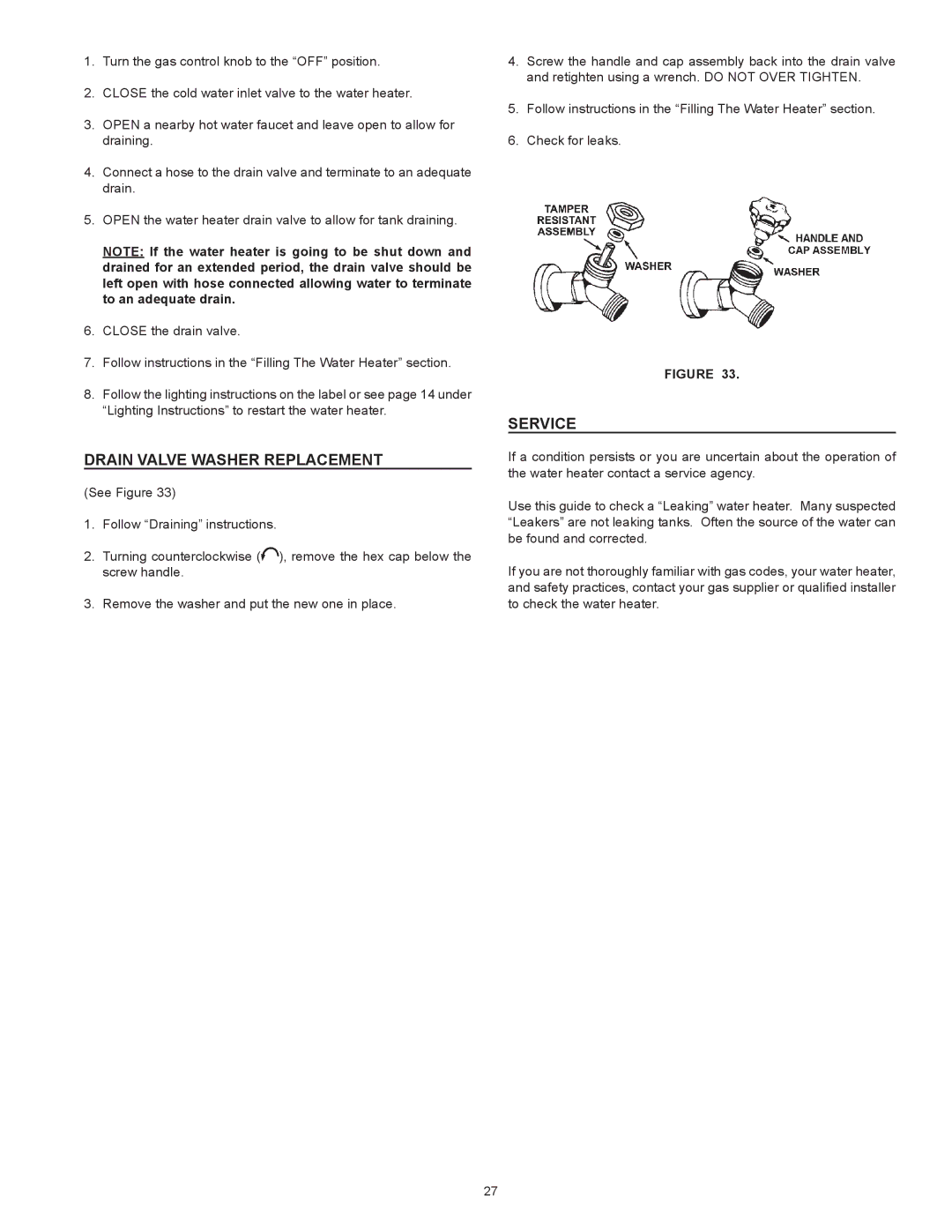 A.O. Smith 185874-001, FMV-40, FMV-30, FMV-50 instruction manual Drain Valve Washer Replacement, Service 