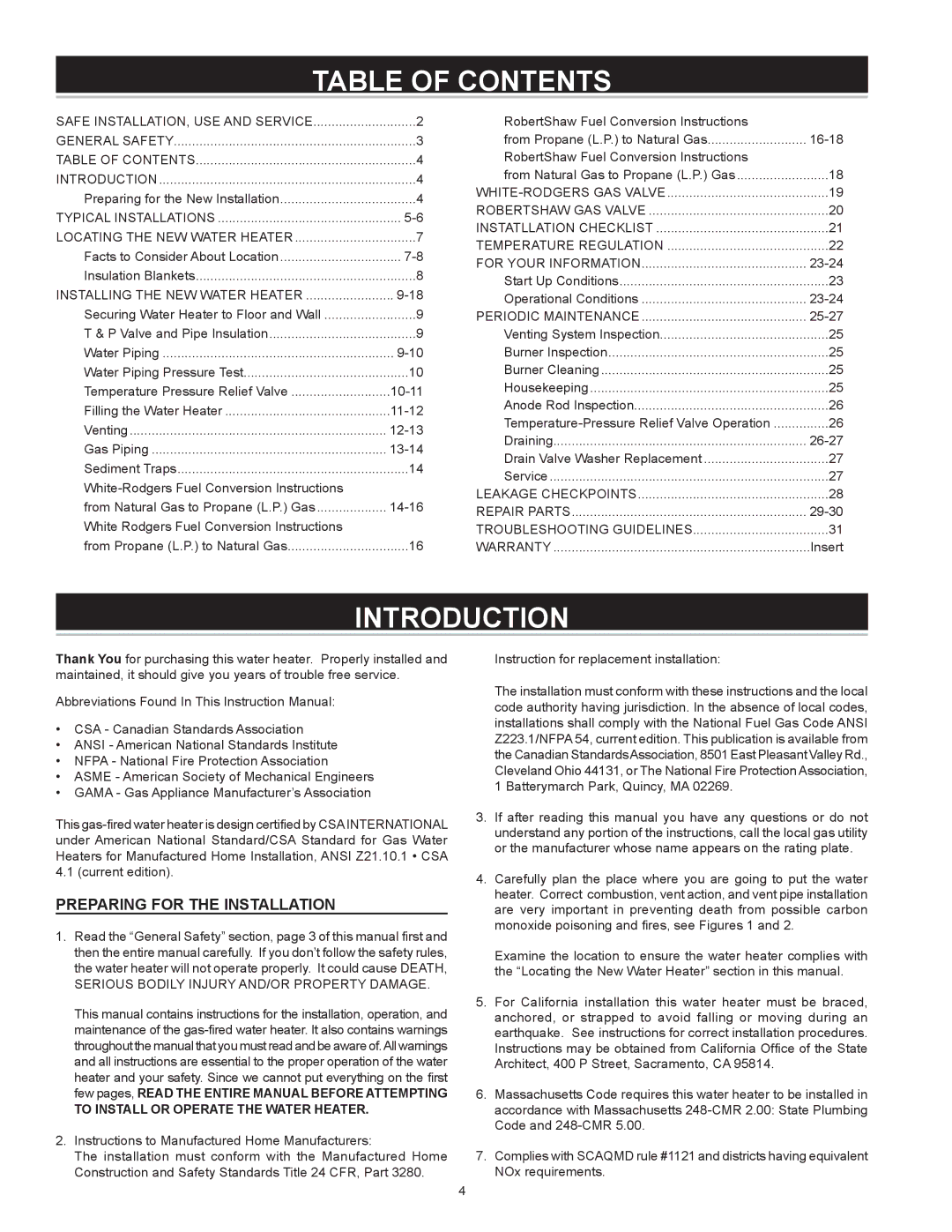 A.O. Smith FMV-40, FMV-30, FMV-50, 185874-001 instruction manual Table of Contents, Introduction 