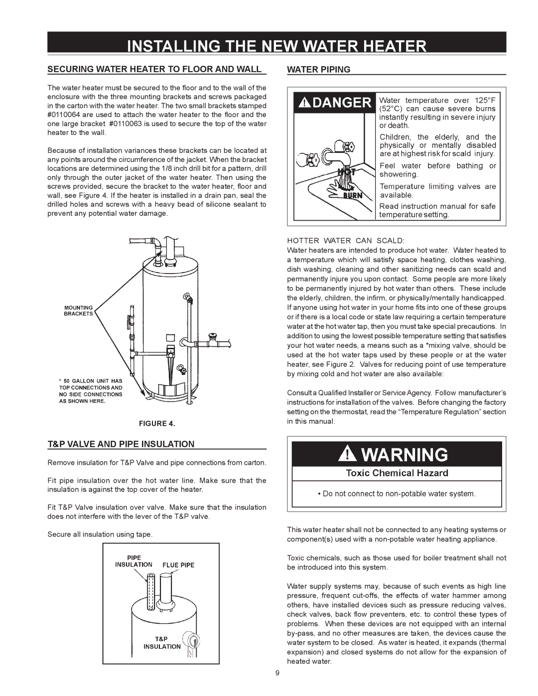 A.O. Smith FMV-30 Installing the NEW Water Heater, Securing Water Heater to Floor and Wall, Valve and Pipe Insulation 