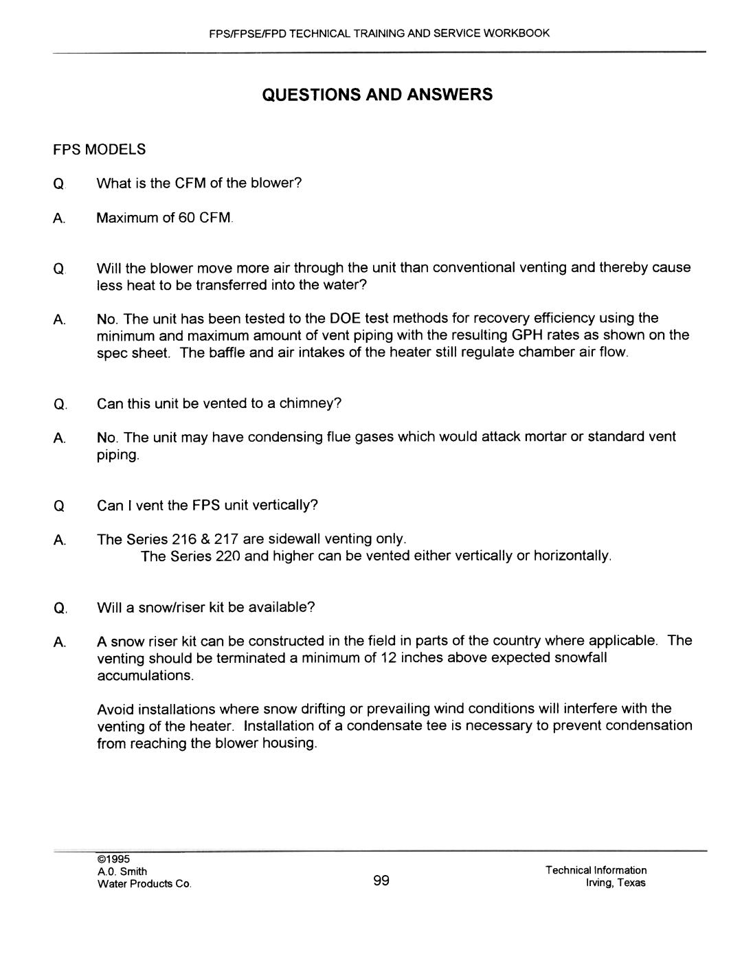 A.O. Smith FPSE50, fps50, FPS40, FPS 75 manual Questions and Answers, FPS Models 