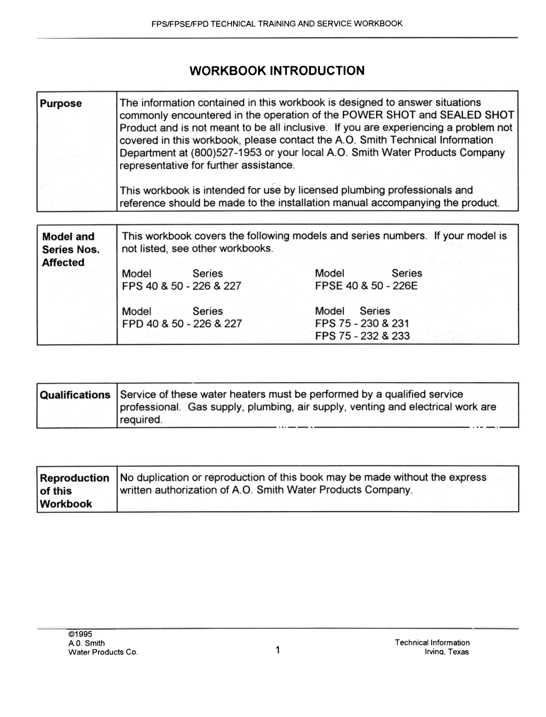 A.O. Smith FPS40, FPSE50, fps50, FPS 75 manual Workbook Introduction 