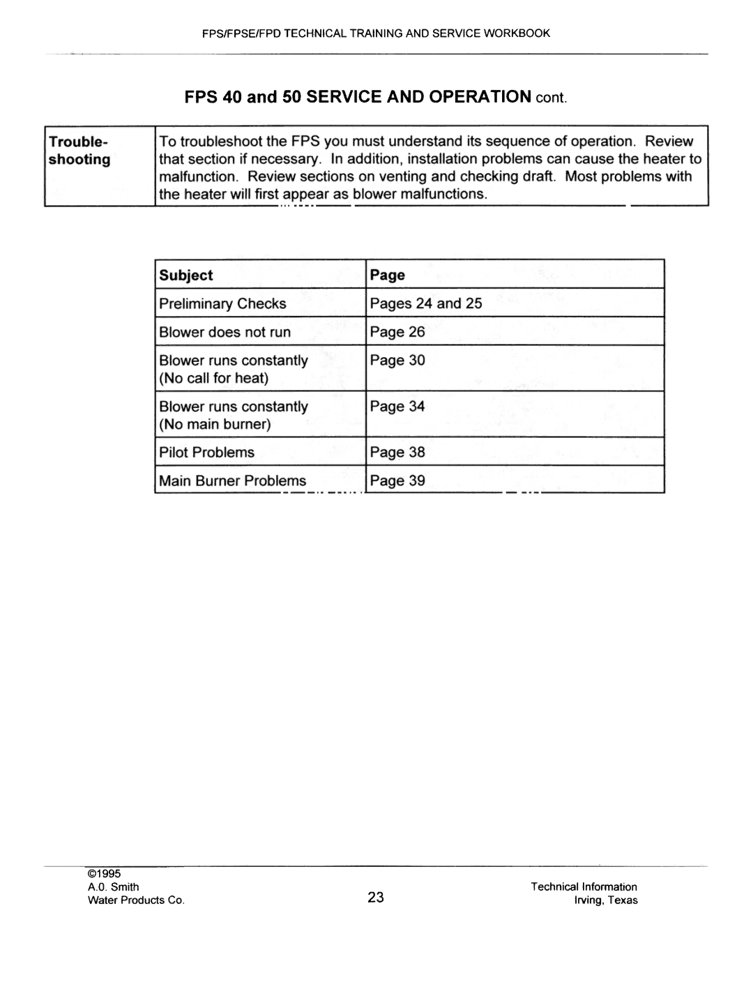 A.O. Smith FPSE50, fps50, FPS40, FPS 75 manual FPS 40 and 50 Service and Operation cant 