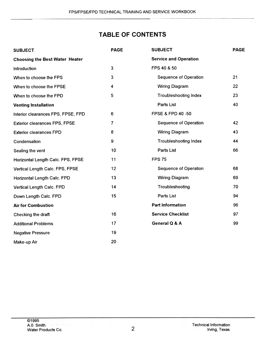 A.O. Smith FPS 75, FPSE50, fps50, FPS40 manual Table of Contents 