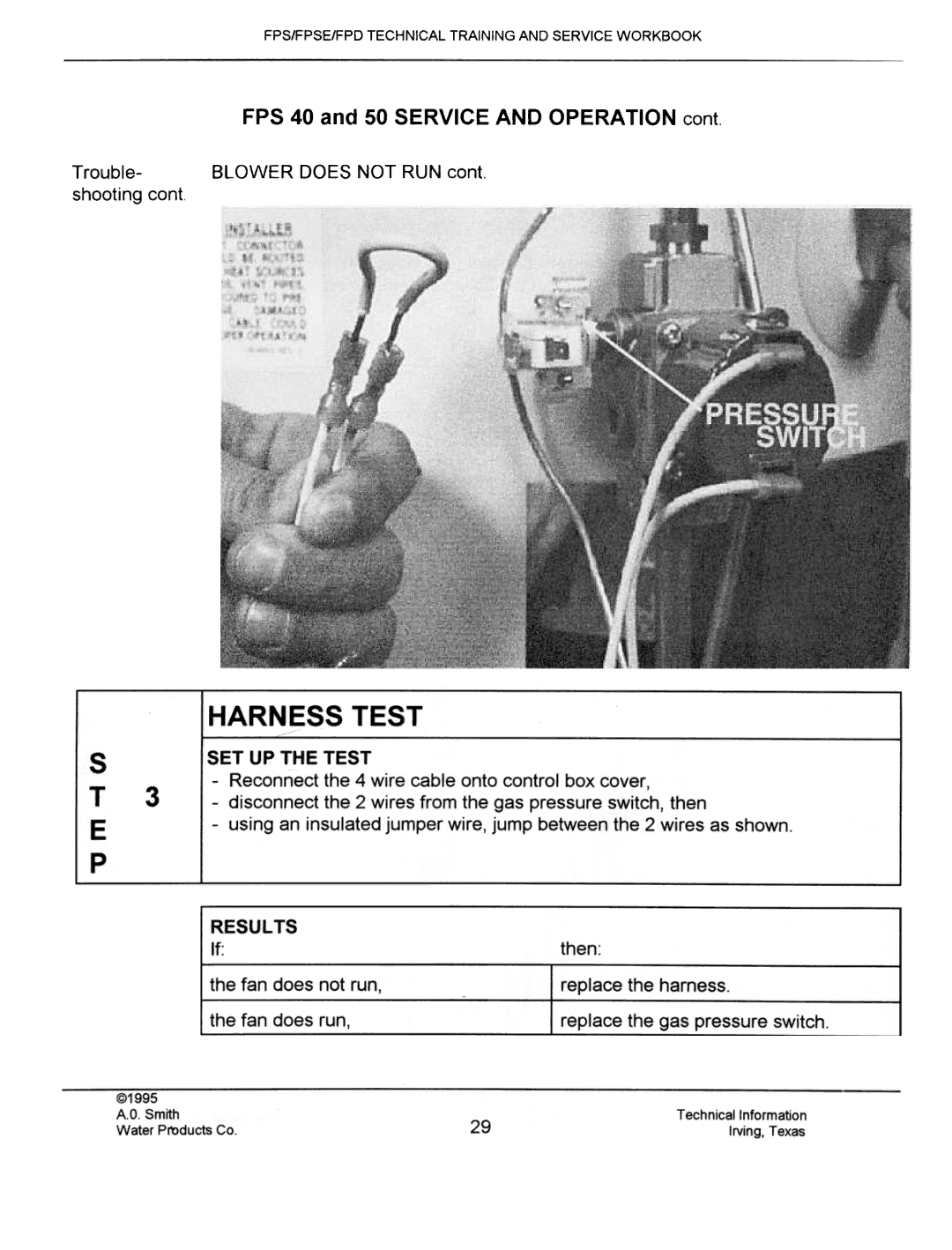 A.O. Smith FPS40, FPSE50, fps50, FPS 75 manual Fan Does Not run Replace Harness Run Gas pressure switch 