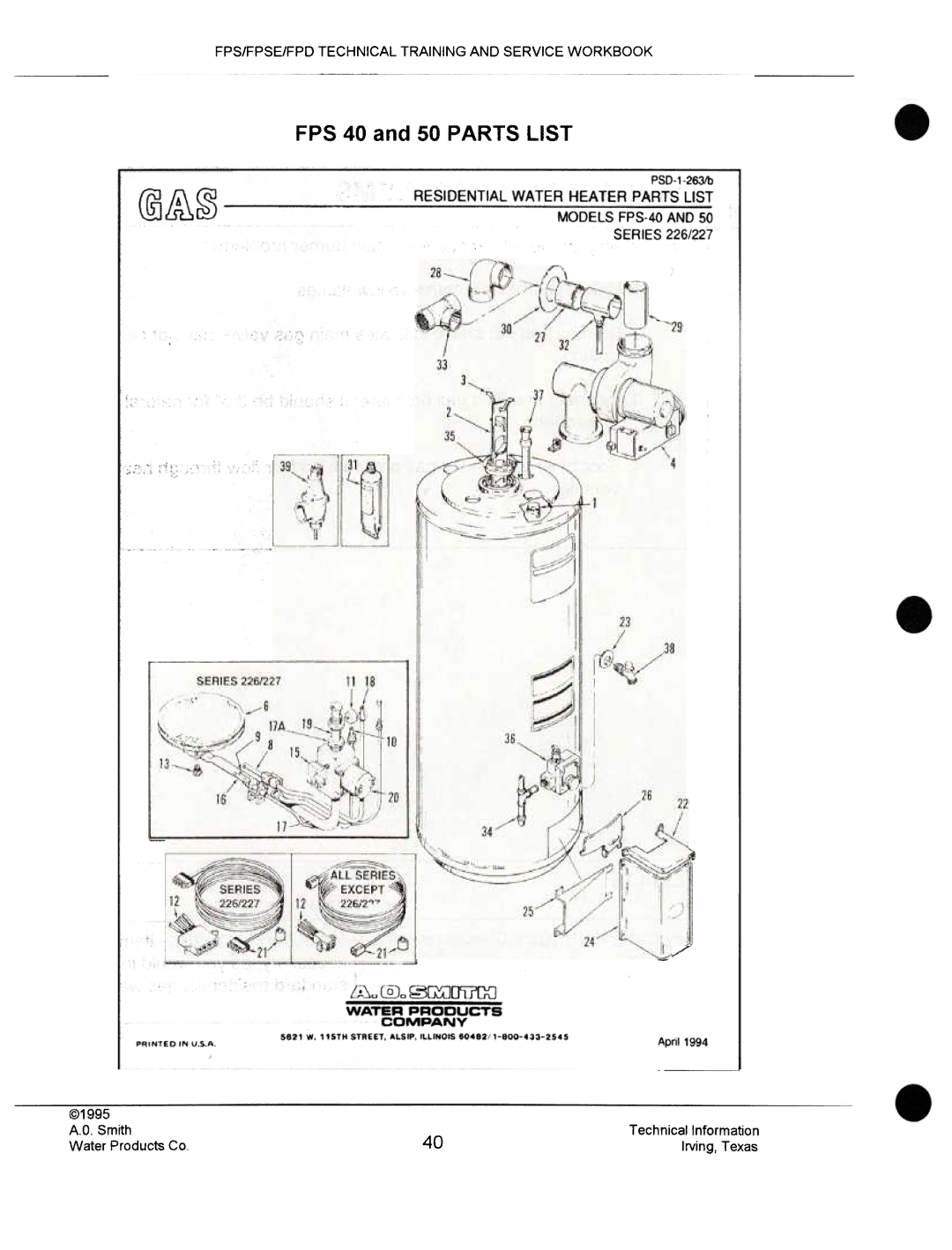 A.O. Smith fps50, FPSE50, FPS40, FPS 75 manual FPS 40 and 50 Parts List, ~@.,~ FfiGJ 