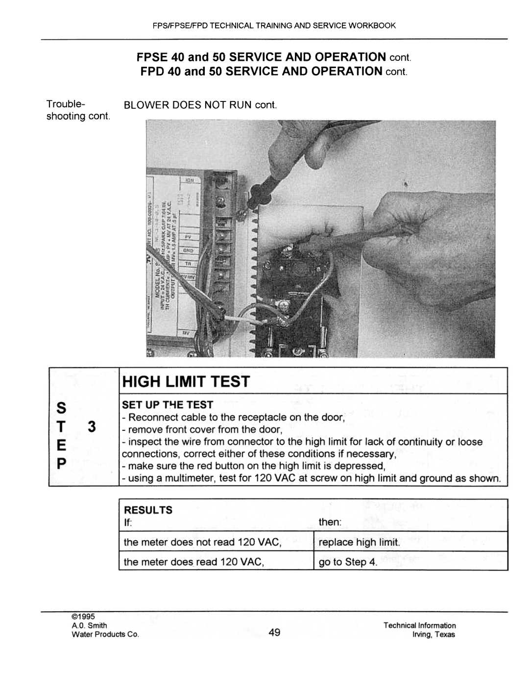 A.O. Smith FPS40, FPSE50, fps50, FPS 75 manual Blower does not RUN 