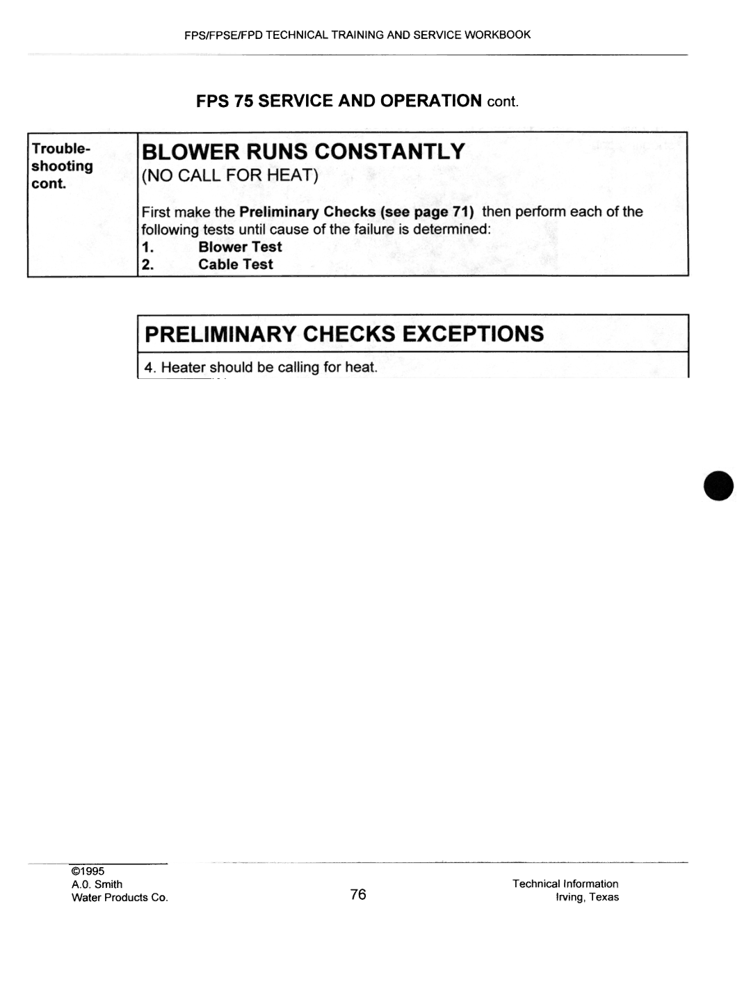 A.O. Smith fps50, FPSE50, FPS40, FPS 75 manual Preliminary Checks Exceptions 