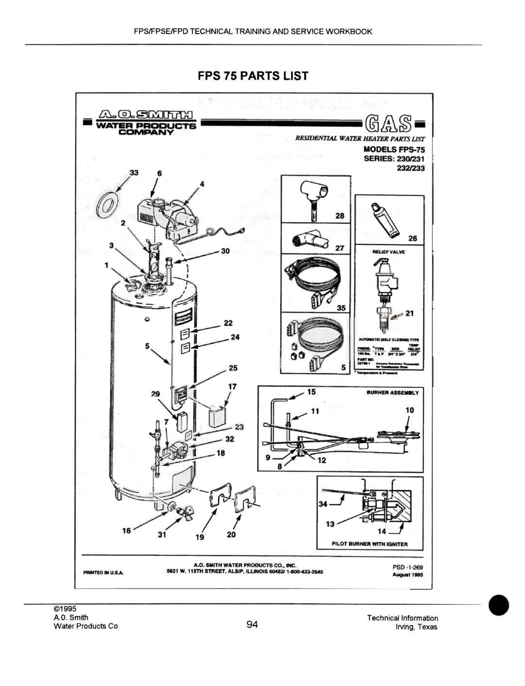 A.O. Smith FPSE50, fps50, FPS40 manual FPS 75 Parts List, 3511 