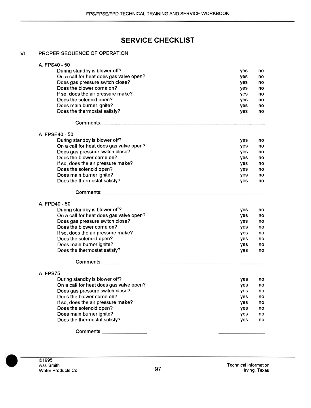 A.O. Smith FPS40, FPSE50, fps50, FPS 75 manual Service Checklist, Proper Sequence of Operation 