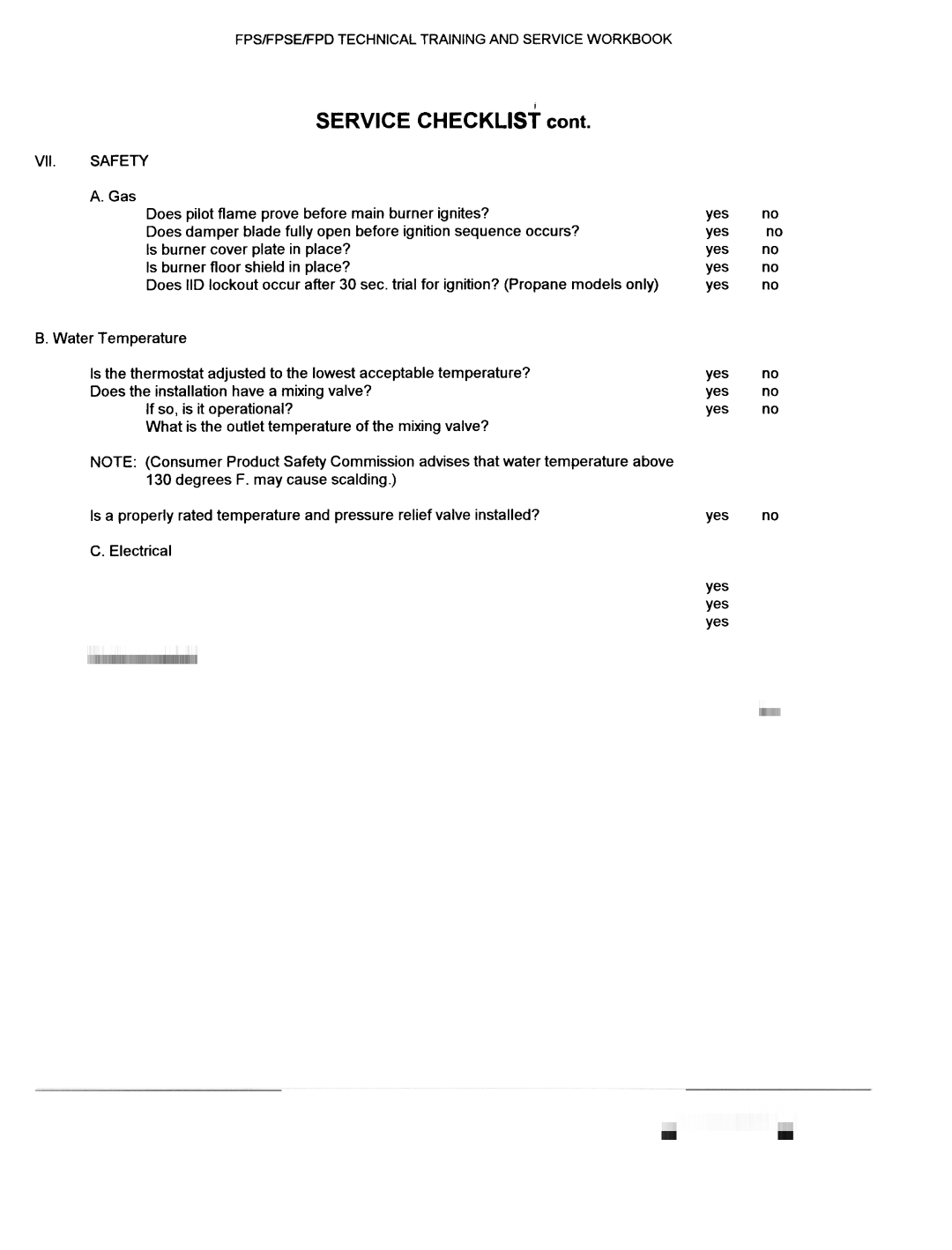 A.O. Smith FPS 75, FPSE50, fps50, FPS40 manual Service Checklist cant, VII. Safety 