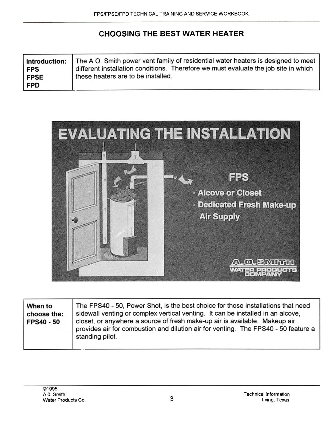 A.O. Smith FPSE50, fps50, FPS40, FPS 75 manual @1995, A.D.Smith, Technical Information, Water Products Co, Irving, Texas 