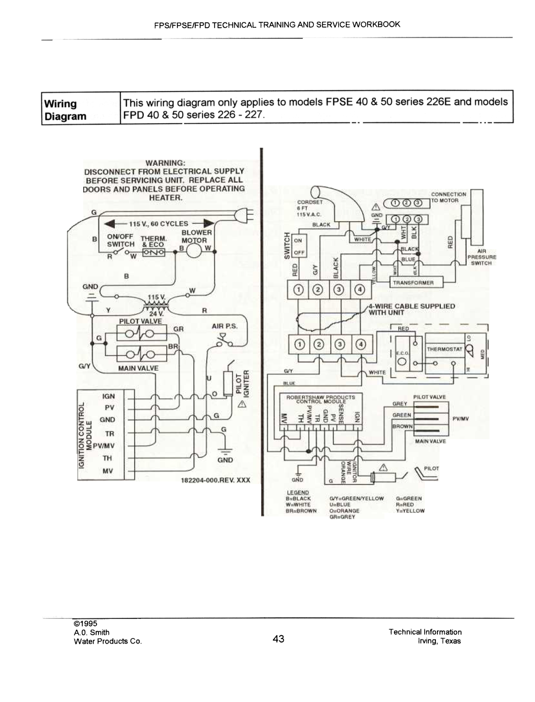 A.O. Smith FPSE50, fps50 Fps/Fpse/Fpd Technical Training And Service Workbook, @1995, Technical Information, A.D. Smith 