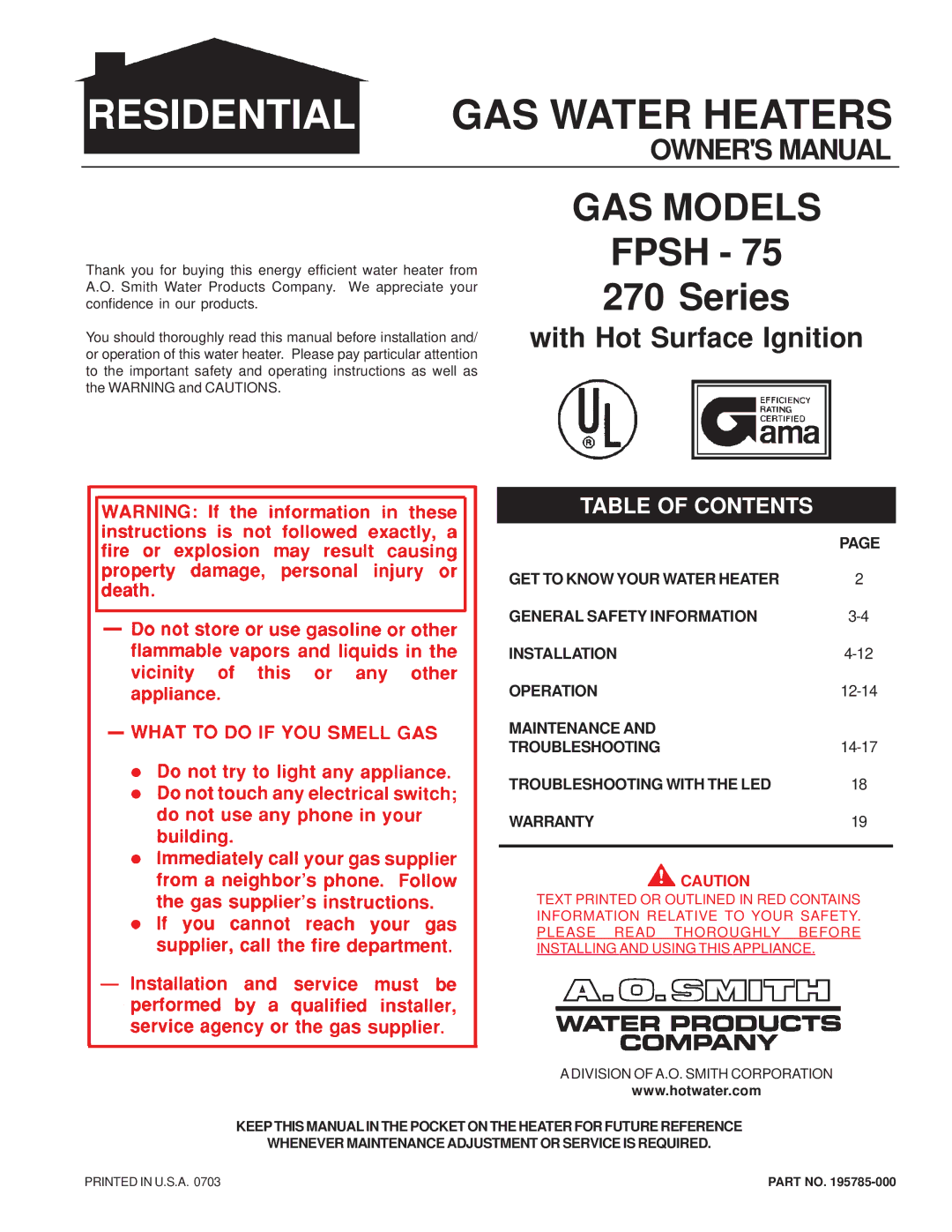 A.O. Smith FPSH - 75 owner manual Residential 