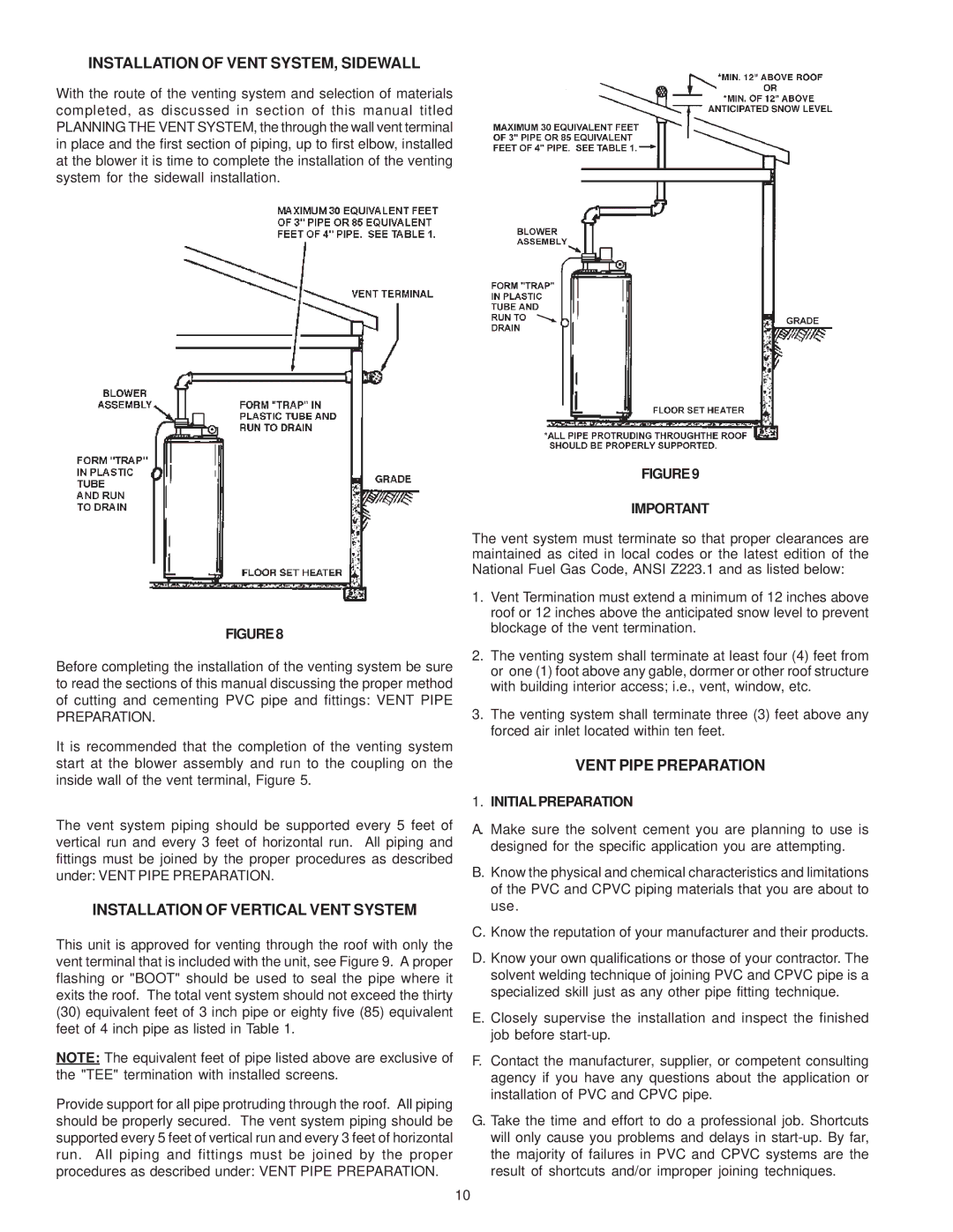 A.O. Smith FPSH - 75 Installation of Vent SYSTEM, Sidewall, Installation of Vertical Vent System, Vent Pipe Preparation 