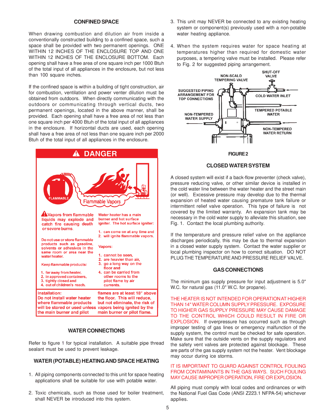 A.O. Smith FPSH - 75 Confined Space, Water Connections, Water Potable Heating and Space Heating, Closed Water System 