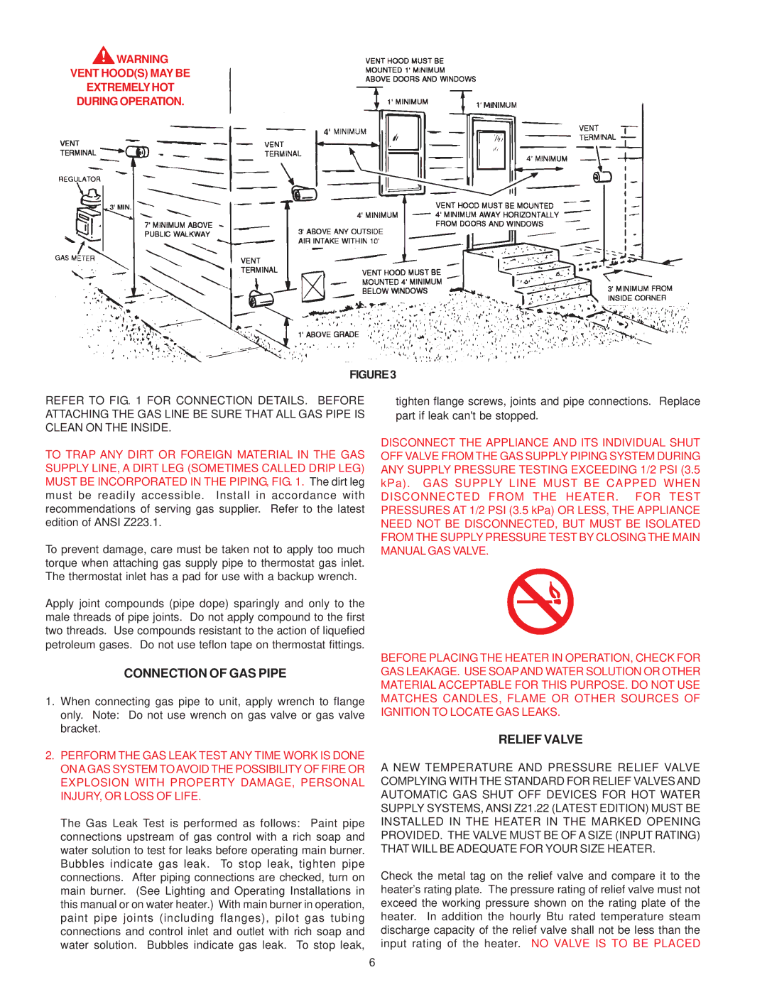 A.O. Smith FPSH - 75 owner manual Connection of GAS Pipe, Relief Valve 