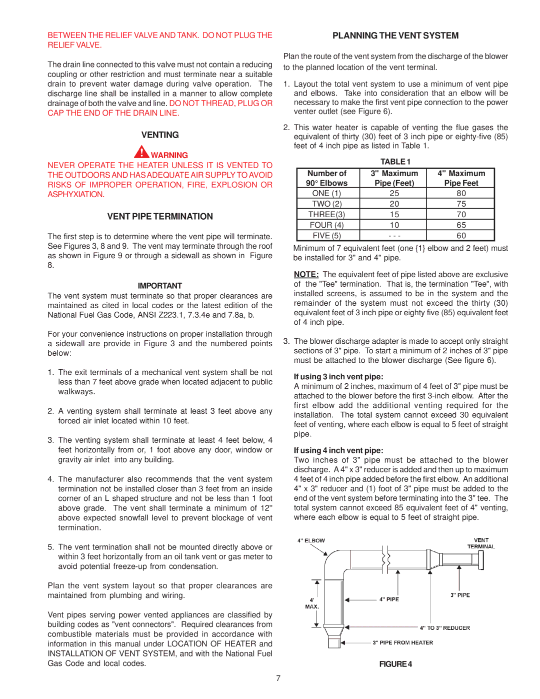 A.O. Smith FPSH - 75 owner manual Venting, Vent Pipe Termination, Planning the Vent System 