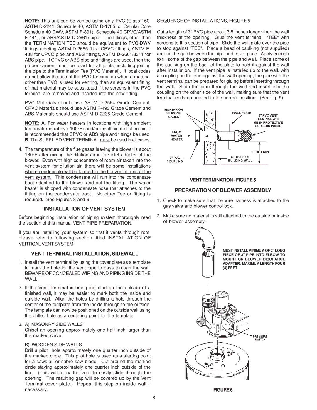 A.O. Smith FPSH - 75 Installation of Vent System, Vent Terminal INSTALLATION, Sidewall, Preparation of Blower Assembly 