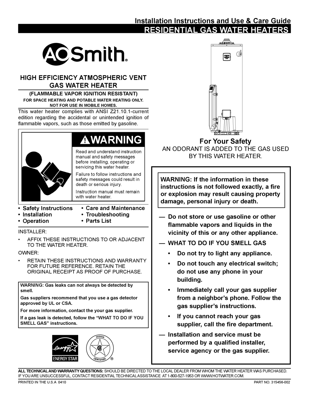 A.O. Smith GAHH-50, GAHH-40, 315456-002 installation instructions Residential GAS Water Heaters 