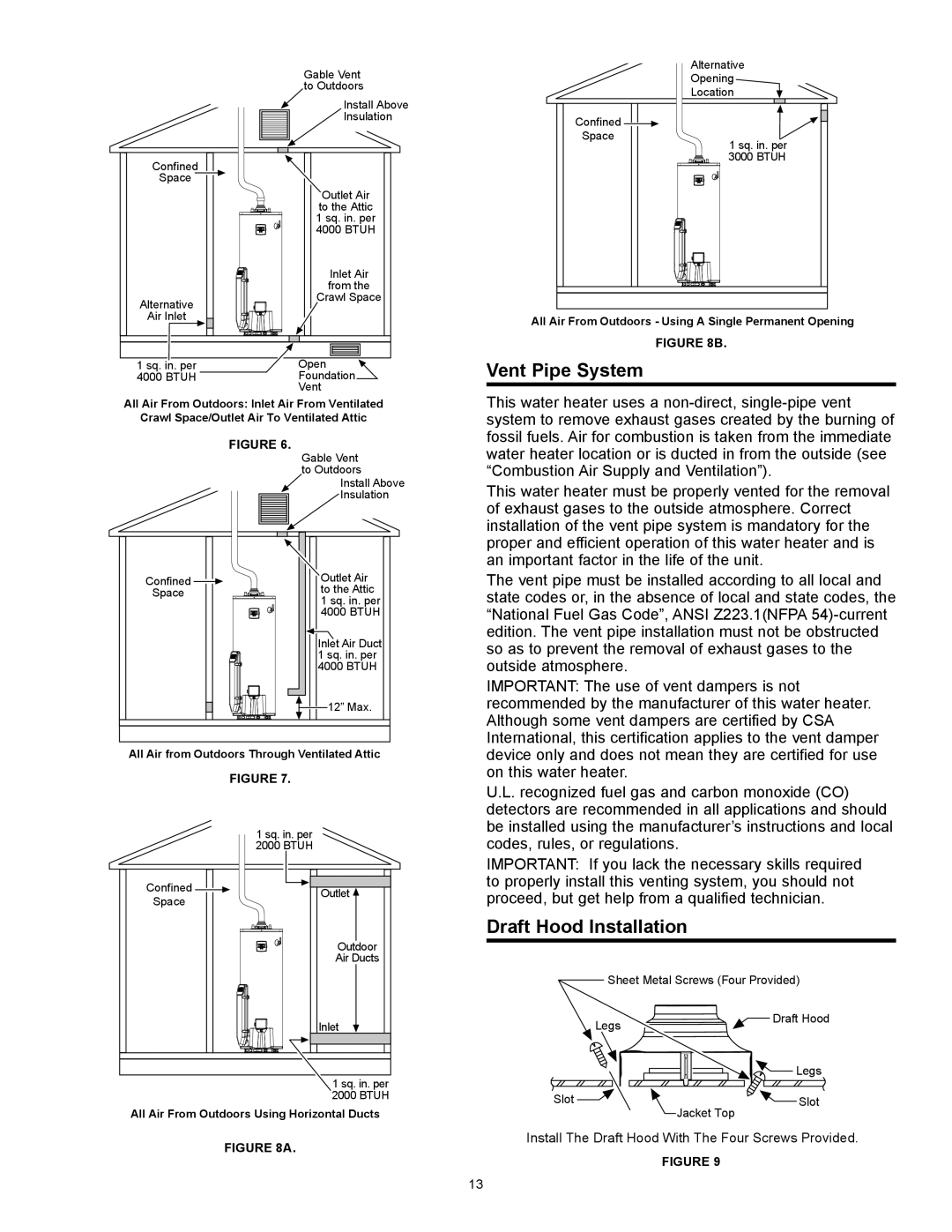 A.O. Smith GAHH-50, GAHH-40, 315456-002 installation instructions Vent Pipe System, Draft Hood Installation 