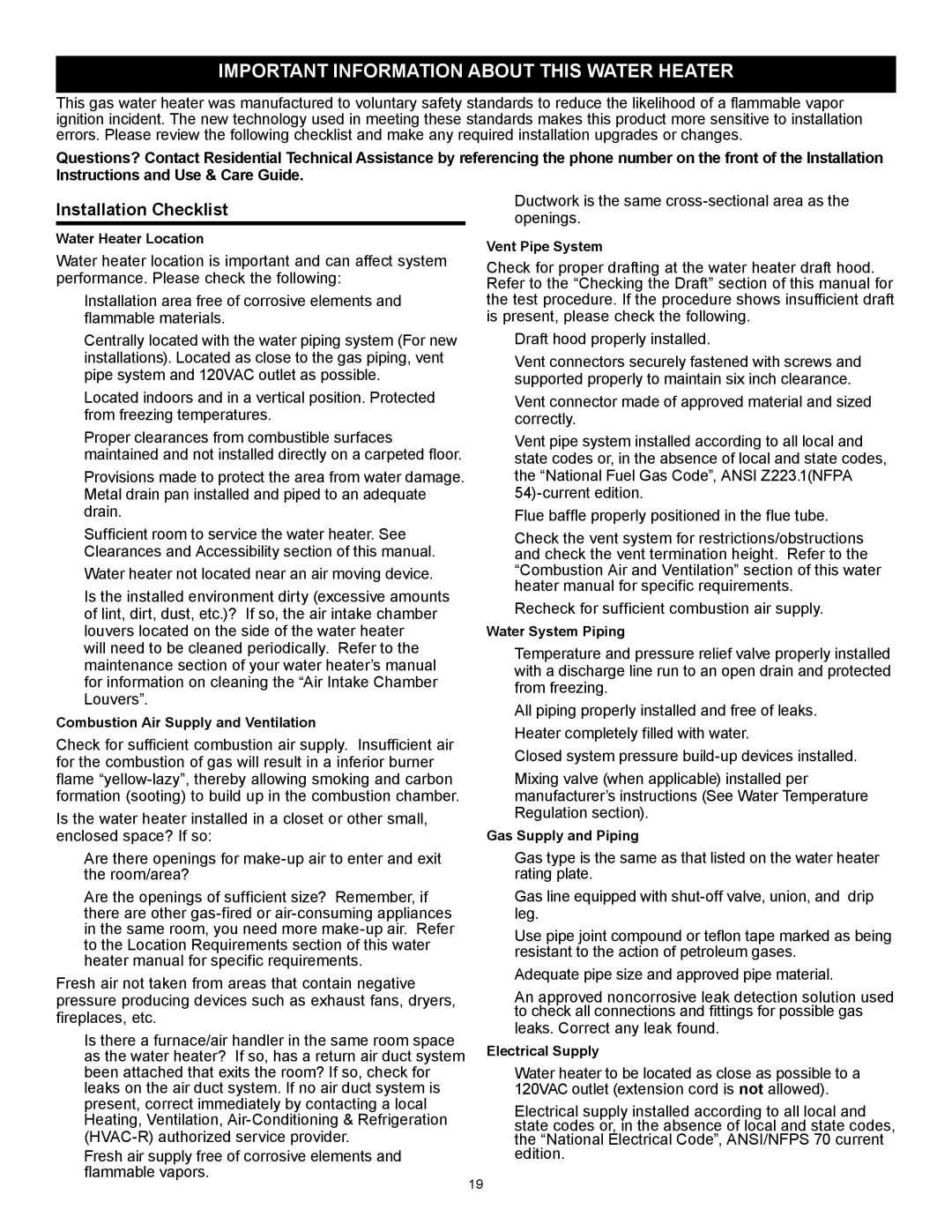 A.O. Smith GAHH-50, GAHH-40, 315456-002 Important Information about this Water Heater, Installation Checklist 