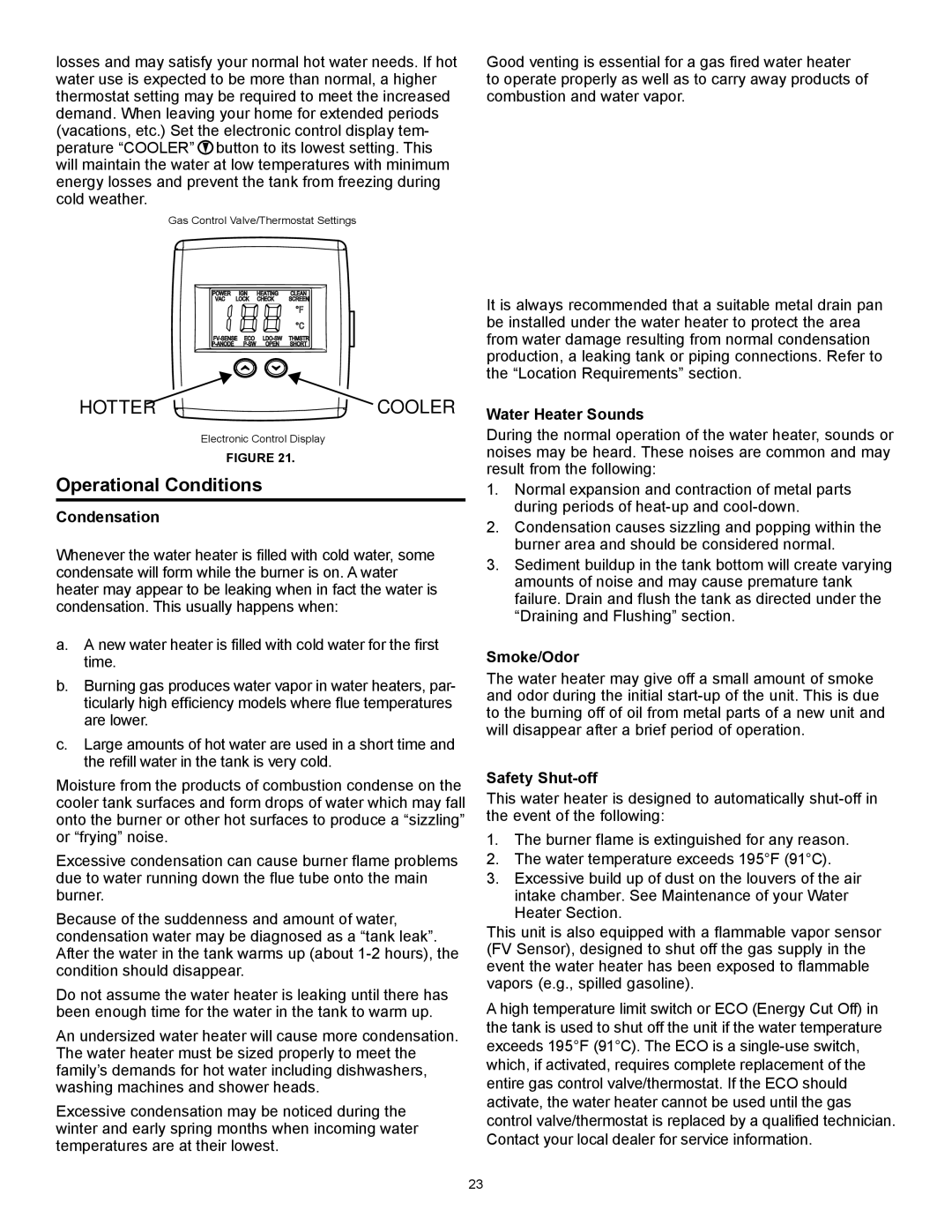 A.O. Smith 315456-002, GAHH-40 Operational Conditions, Condensation, Water Heater Sounds, Smoke/Odor, Safety Shut-off 