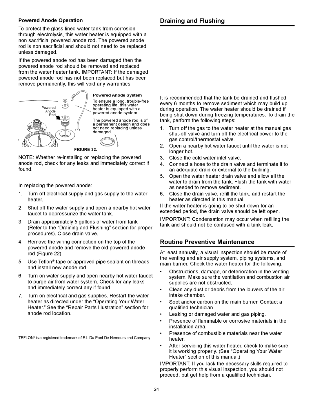 A.O. Smith GAHH-40, GAHH-50, 315456-002 Draining and Flushing, Routine Preventive Maintenance, Powered Anode Operation 