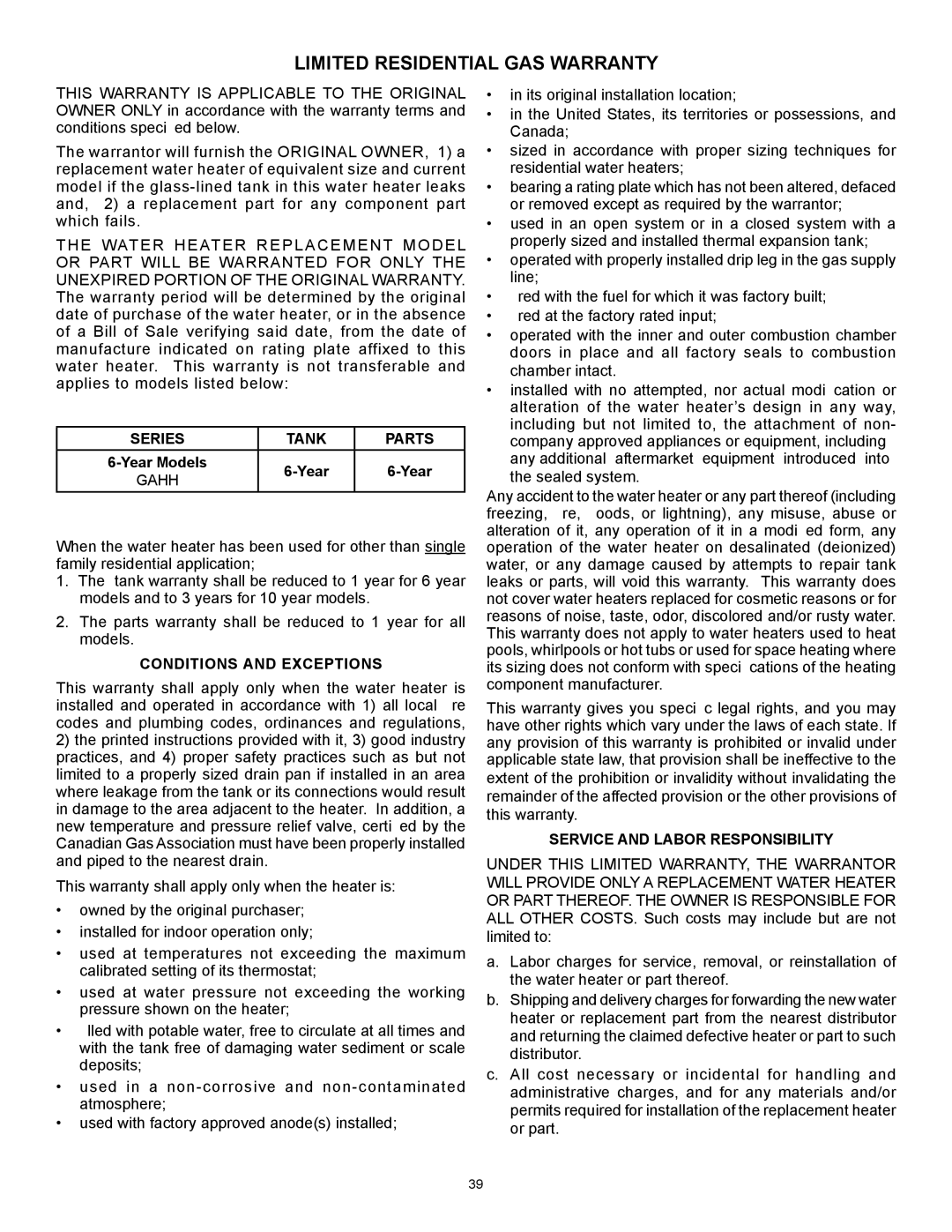 A.O. Smith GAHH-40, GAHH-50, 315456-002 installation instructions Limited Residential GAS Warranty, Year 