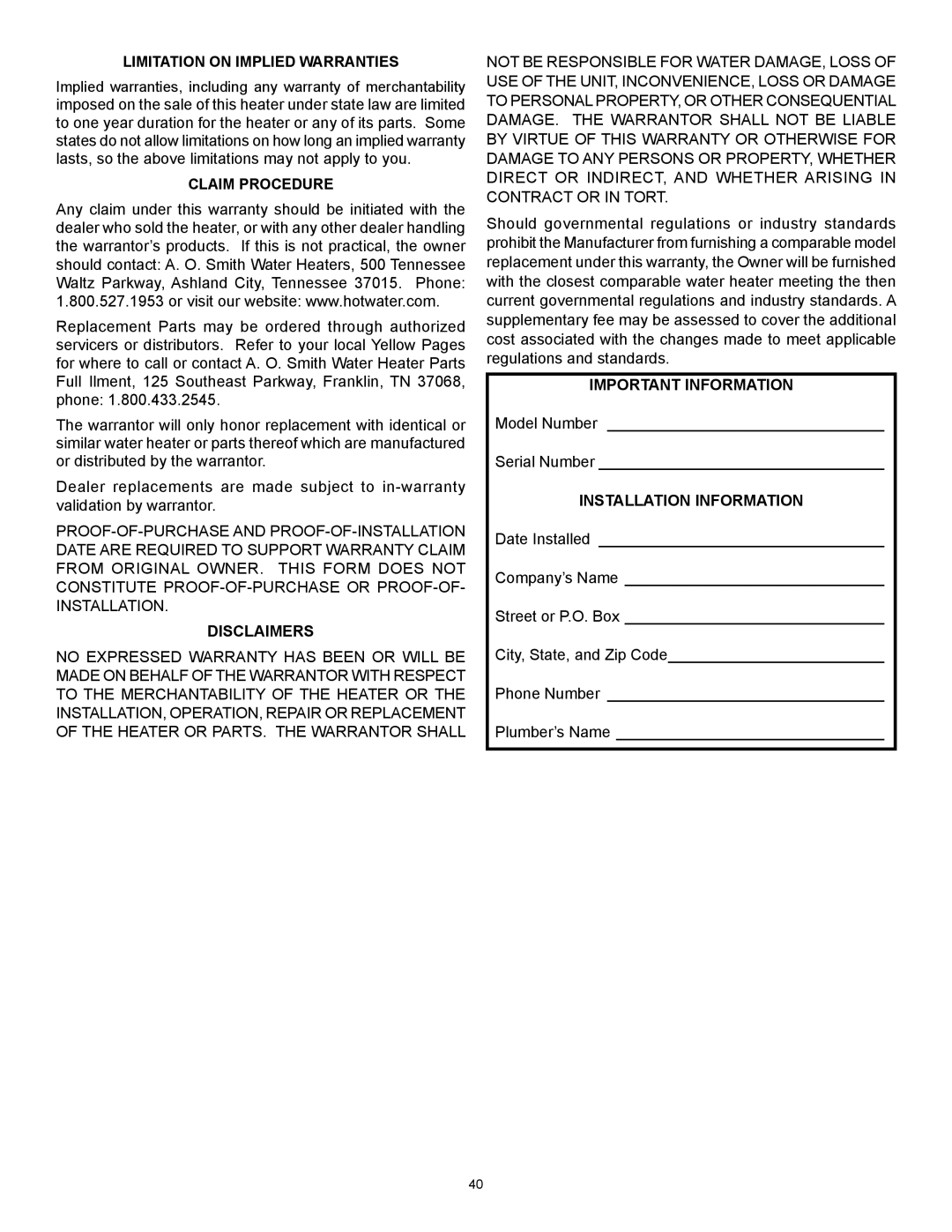 A.O. Smith GAHH-50, GAHH-40, 315456-002 installation instructions Important Information 