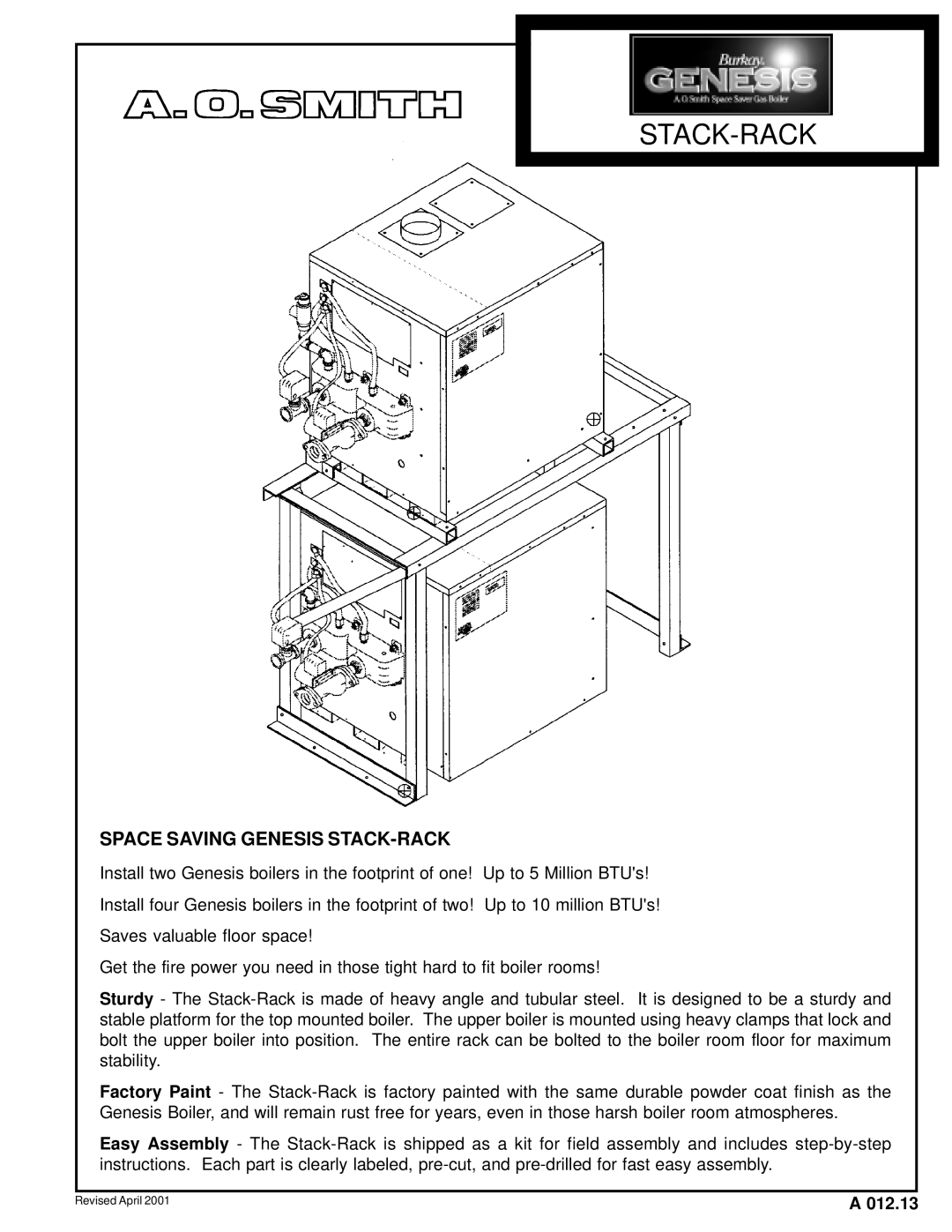 A.O. Smith GB-1500, GB-2100, GW-1500, GB-500, GW-1000, GB-1000 manual Stack-Rack, Space Saving Genesis STACK-RACK, 012.13 