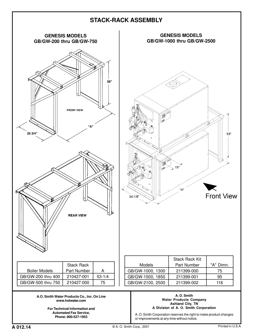 A.O. Smith GW-1500, GB-2100, GB-1500 manual STACK-RACK Assembly, GB/GW-200 thru GB/GW-750, GB/GW-1000 thru GB/GW-2500, 012.14 