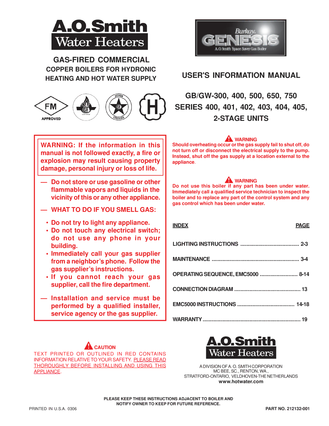 A.O. Smith 500, GB/GW-300, 750 SERIES, 650 warranty Series 400, 401, 402, 403, 404, 14-18 