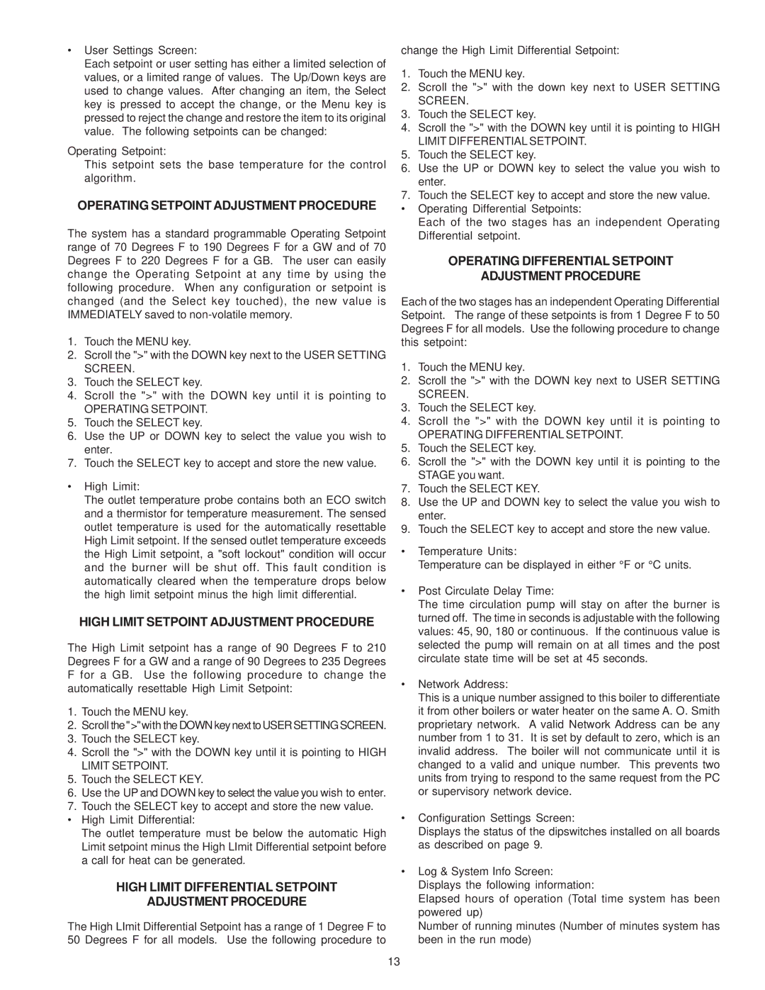 A.O. Smith 500, GB/GW-300, 750 SERIES, 650 warranty Operating Setpoint, Operating Differential Setpoint 