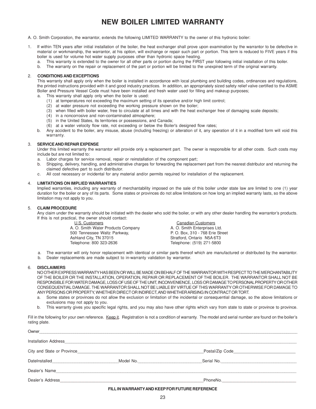 A.O. Smith 650, GB/GW-300, 500, 750 SERIES warranty NEW Boiler Limited Warranty 
