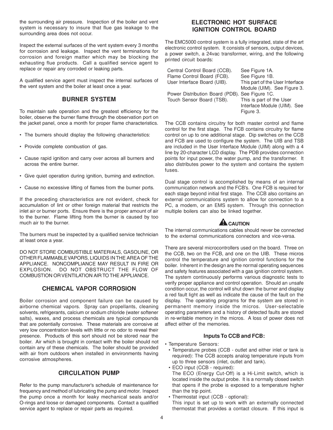 A.O. Smith GB/GW-300, 500, 750 SERIES, 650 warranty Burner System, Inputs To CCB and FCB 