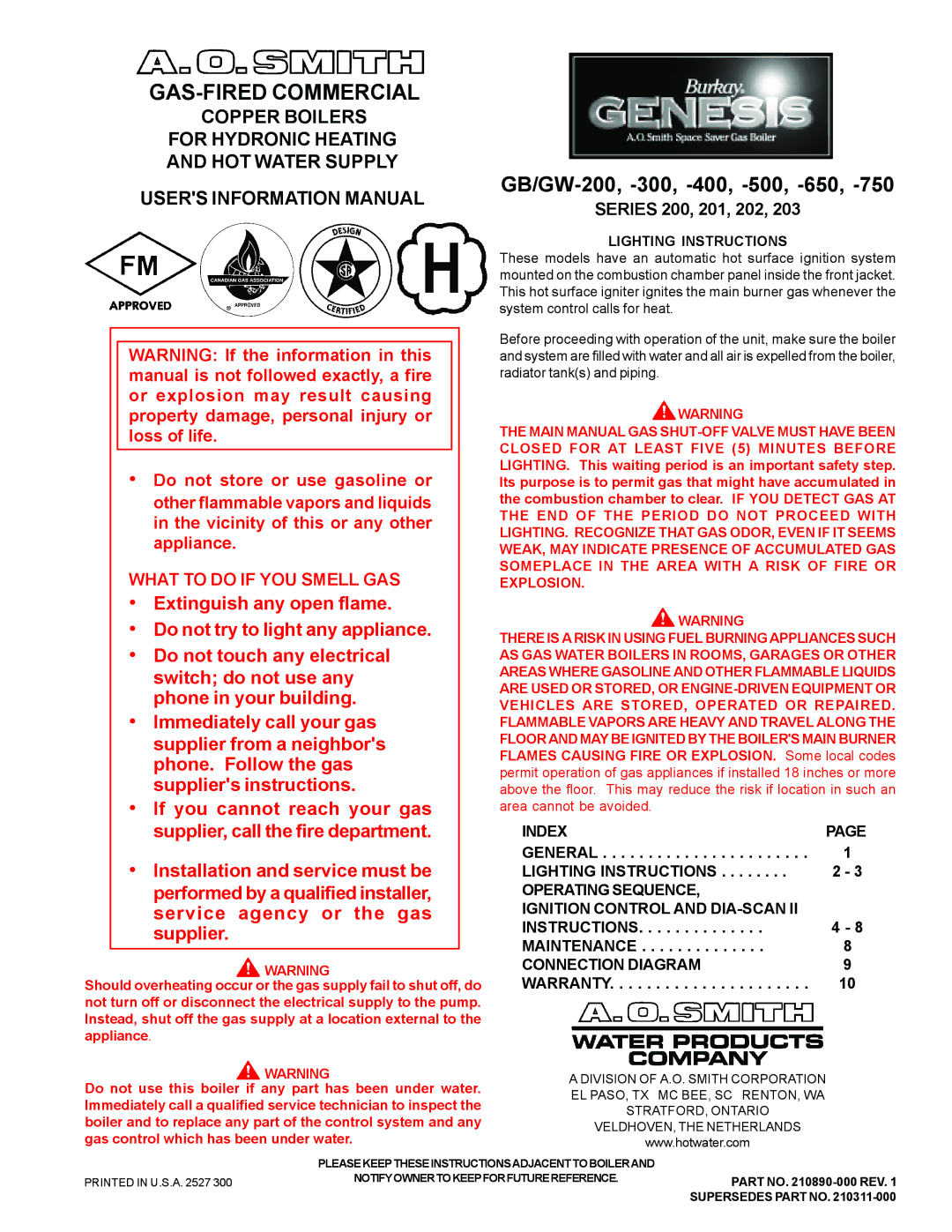 A.O. Smith GB/GW-650, GB/GW-750, GB/GW-200, GB/GW-500, GB/GW-400 warranty GAS-FIRED Commercial, Lighting Instructions 