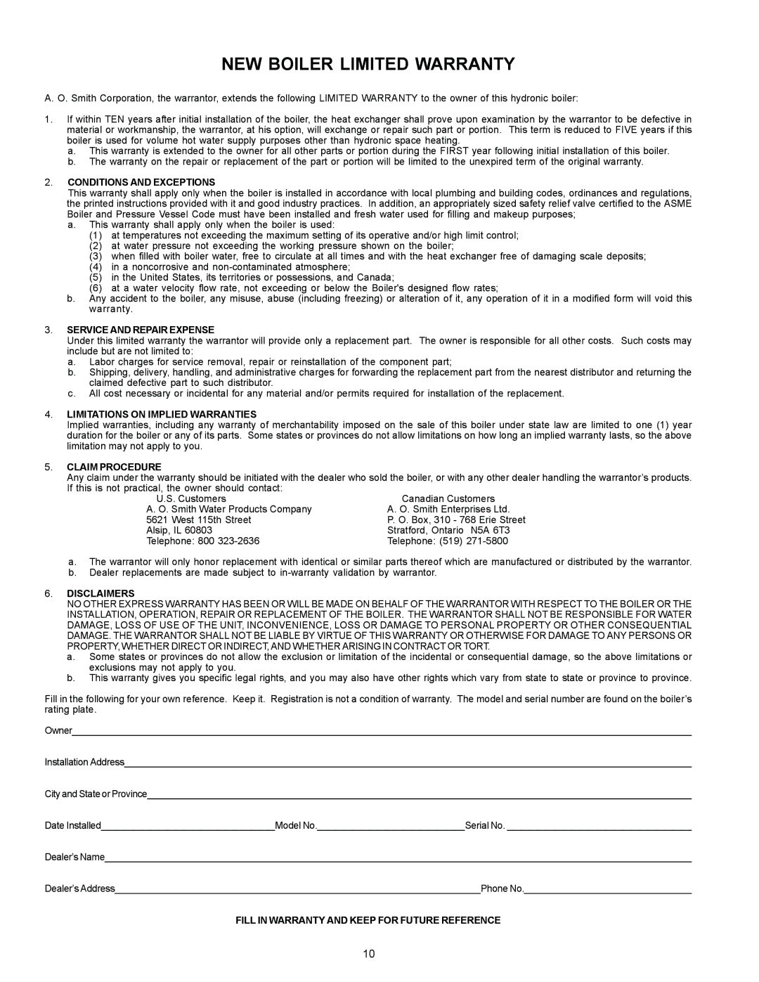 A.O. Smith GB/GW-750, GB/GW-650, GB/GW-200, GB/GW-500, GB/GW-400 warranty NEW Boiler Limited Warranty 