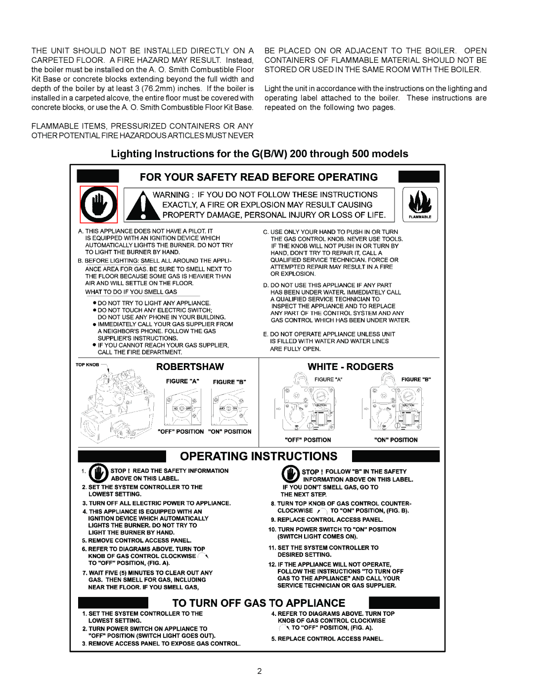 A.O. Smith GB/GW-200, GB/GW-750, GB/GW-650, GB/GW-500, GB/GW-400 Lighting Instructions for the GB/W 200 through 500 models 